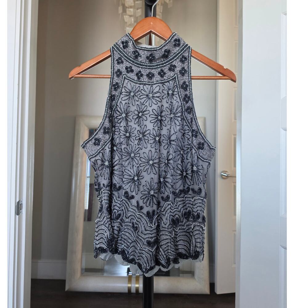 Papell Boutique Black 100% Silk Fully Beaded Top Size L